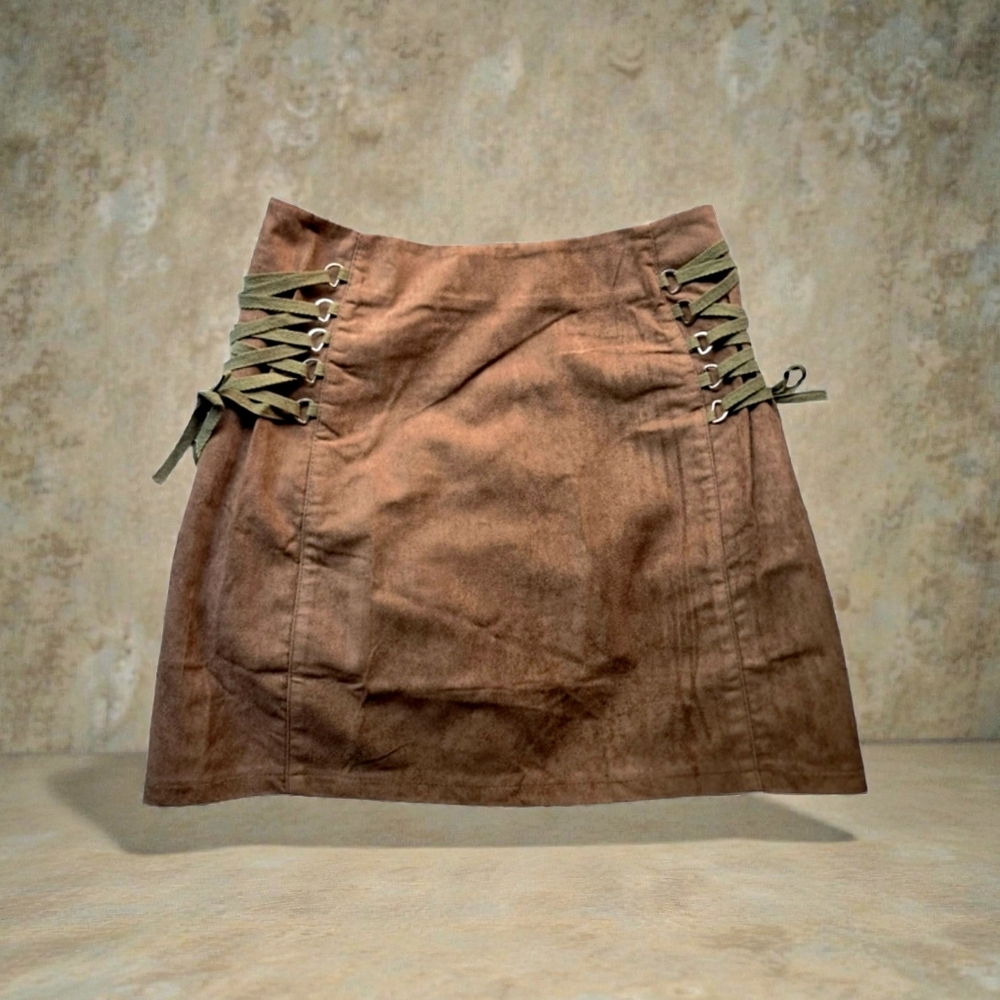Raga Miniskirt NWT Large Camel Brown Faux Suede Lace-up Sides